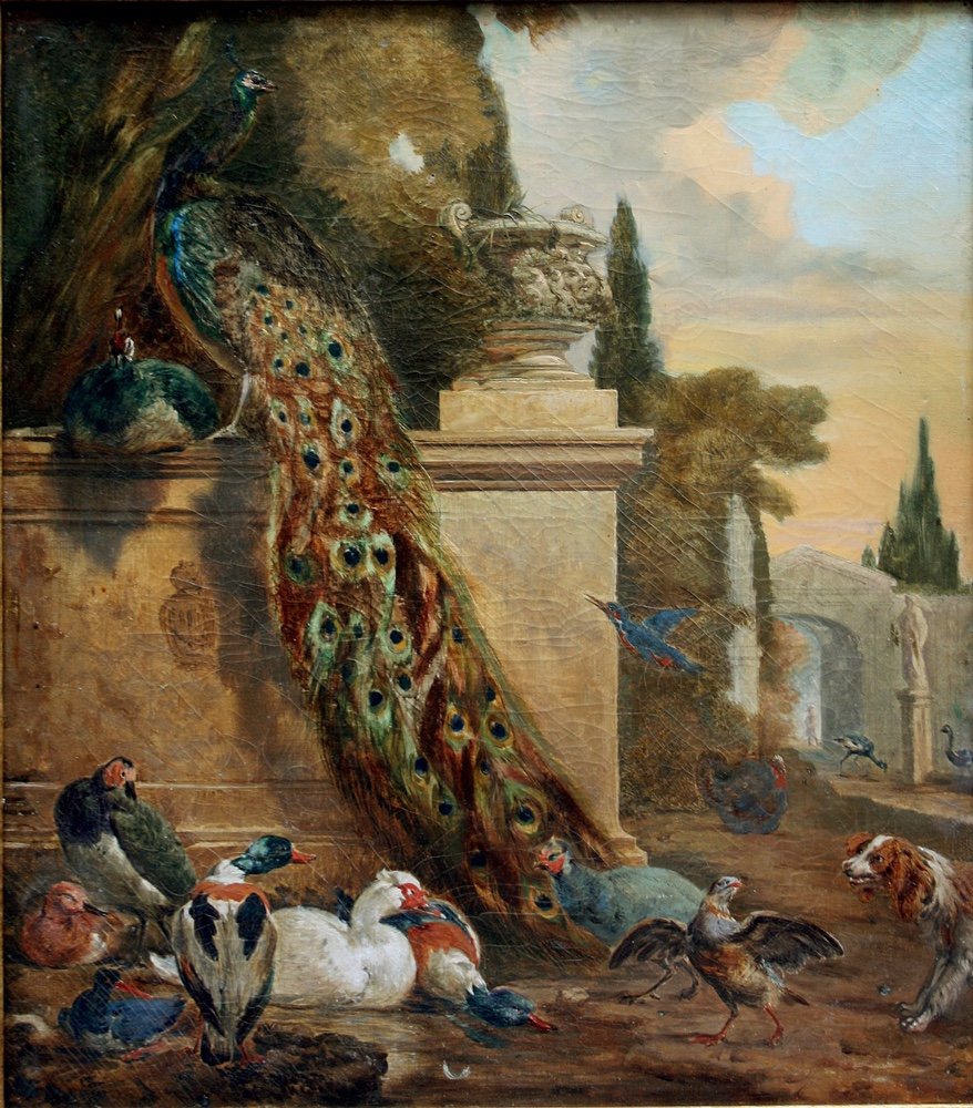 Melchior de Hondecoeter (1636 - 1695) disciple, Paons et autres oiseaux dans un parc du château-photo-2