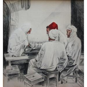 Orientaux jouant aux échecs, dessin d'un artiste tchèque vers 1930