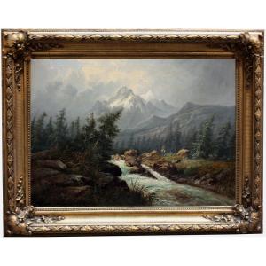 Great Landscape With Waterfall And Swiss Mount Wetterhorn By B.thomann, Dated 1877