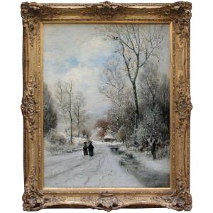 Route d'hiver avec deux figures paysannes par Adolf Gustav Schweitzer ( 1847-1914)