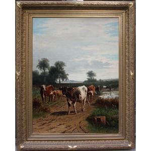 Shepherdess With Cattle   By William Frederick Hulk (british - Dutch, 1852-1922)