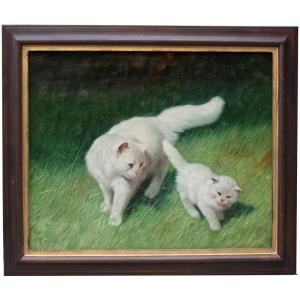 Angora Cat And Her Kitty By Artur Heyer (1872 - 1931)