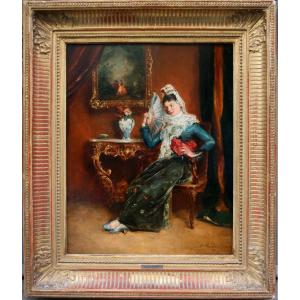 Dame espagnole à l'intérieur par Juan Antonio Gonsales/Gonzalez (Espagnol, 1842 - 1914)
