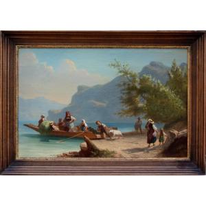 Ferry sur un lac du nord de l'Italie par peintre autrichien ou italien, daté 1839