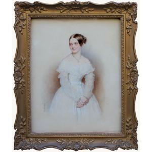 Josef Kriehuber (1800-1876) Portrait d'une jeune femme en robe blanche