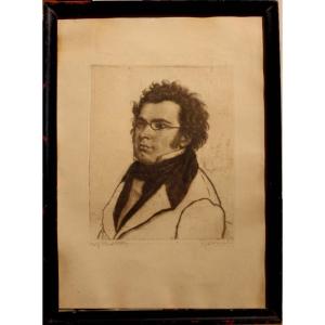 Portrait du Compositeur Autrichien Franz Schubert, Gravure Originale par F. Michl (né en 1926)