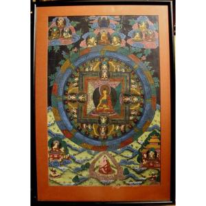 Thangka, Padmasambhava  In Copper Mountain Paradise, Tibetan Buddhist Painting, 19/20th Century