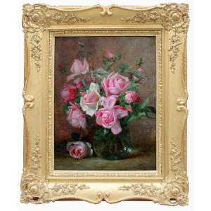 Vase de roses par Alexandre (jules A.) Gamba De Preydour ( Paris, né en 1846)