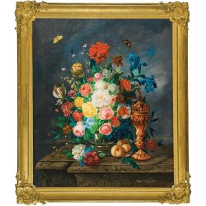 Grande nature morte aux fleurs et coupe en argent par Eduard  Wuger (Austrian 1830-1880)