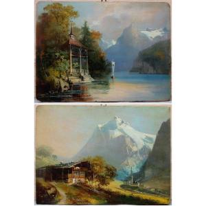  Une paire de vues suisses : Tells-chapel /Lac de Lucerne et Grindelwald avecle mont Wetterhorn
