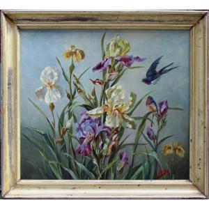 Composition aux fleurs d'iris et oiseaux, Peintre de fleurs vers 1900, signée illisible