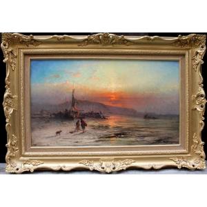 Paysage côtier au coucher du soleil par George Augustus WILLIAMS (britannique, 1814-1901)