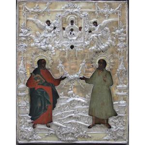 Icône russe avec oklad en argent, XVIIIe siècle la Mere de Dieu et deux Saints:Andrey et Simeon