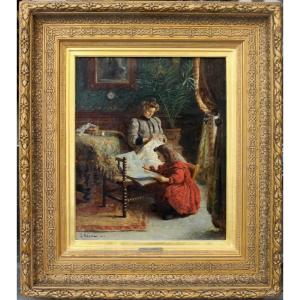 Scène d'intérieur familiale par Louis Merou (classé, français, né en 1870).