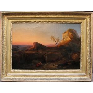 Paysage oriental avec saint Jérôme et un lion de Lodovico Aureli (1816 - Bologne - 1865)