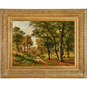 Enfants se reposant sur un chemin forestier, par Fritz Ebel (Allemand, 1835-1895, Düsseldorf)