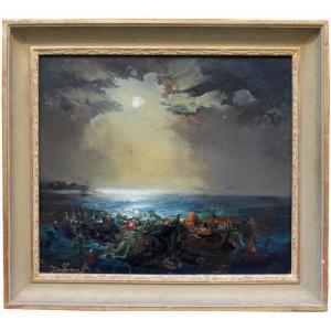 Bateaux de pêche au clair de lune par Wladimir Evgenievich ZEBEK (Ukrainien, 1931 - 2015)