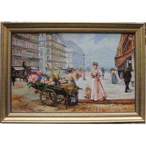 Scène de rue devant l'Opéra de Paris par un peintre français du XXe siècle