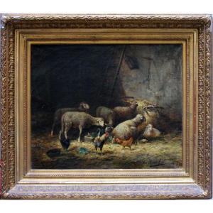 Moutons et poules dans une grange par Charles Maréchal (1865 - vers 1931)