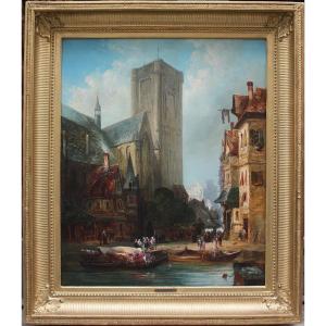 Street Scene In Front Of A Cathedral (old Rouen?) By Alexandre Defaux (french, 1826-1900)