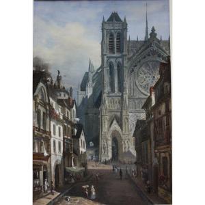 Adrien Dauzats (1804 - 1868) Street Scene In Front Of A Gothic Cathedral (strasbourg?)