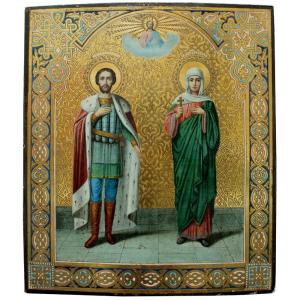 Saint Prince Alexander Nevsky And Saint Martyr Agrippina, Russian Icon, 19th Century