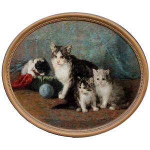 Cat And Her Three Kittens By A. Bechard (french, 19th-20th Century)