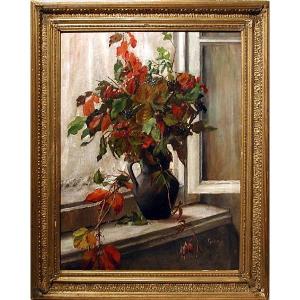 Vase Of Flowers On Windowsill By Giulietta Corazzi ( Italian, Born 1866)