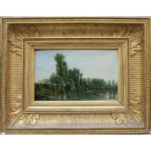 Georges Laujoil De La Fage ( French 1830 - 1858) Idyllic Landscape With Fishermen On The River