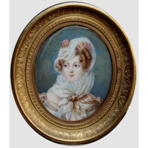 Miniature de portrait d'une femme portant un voile, française, milieu du XIXe siècle