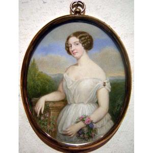 Portrait Of A Young Beauty On The Terasse By Albert Theer (austrian, Born In 1815)