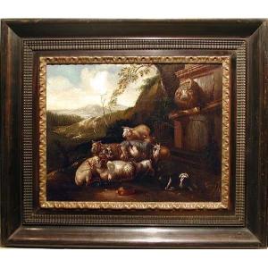 MOUTONS AVEC CHIEN PAR LE PUITS ANTIQUE  PAR PHILIPP PETER ROOS / ROSA DA TIvoli (1657-1706)