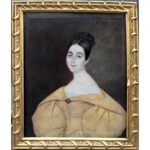 Miniature Portrait Of A Young Lady In A Yellow Dress By Jean P. Robelot (french, Born In 1802)