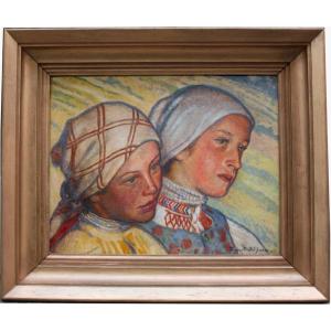 PORTRAIT MODERNISTE DE DEUX FILLES PAR FRANTISEK HOFMAN (RÉPUBLIQUE TCHÈQUE, 1891 - 1969)