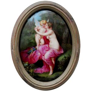 Cupidon et Psyché, plaque de porcelaine, XIXe siècle