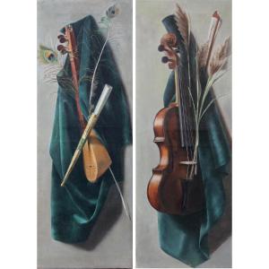 Pair Of Still Lifes Depicting European And Eastern Musical Instruments, Italy, 19th Century