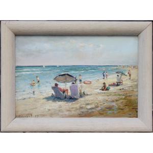 Scène de plage sur la côte de la mer Noire, par Zacharov (peintre soviétique, années 1950-1970)