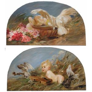 Josef Arpád Koppaï (né en 1859) Deux tableaux représentant des enfants et des oiseaux