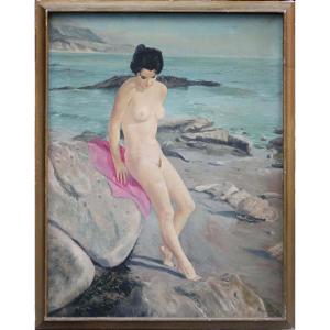 Nu sur la plage par Karl Pressinger (allemand, actif de 1920 à 1940)