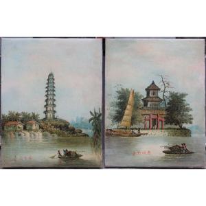 Pair Of Views Of Canton By Nam Cheong (chinese, Active 1840–1870), Studio Of