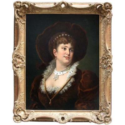 Portrait Of A  Lady In Renaissance Clothing By Anton Ebert (austrian 1845-1896)