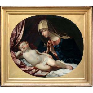 Vierge en adoration avec l'enfant Jésus endormi par J.Hölzl (1809-1891) d'après Guido Reni 