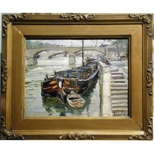 Barques Sur Seine à Paris Par Michail Petrovic Zavistovsky (1897 - 1931)