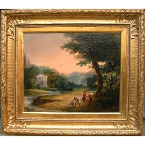 Paysage coucher de soleil avec personnages antiques et ruines par Philippe Thiere (1756 - 1815), attribué