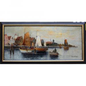 Dutch Harbor Scene By Georg Fischhof (1859 - 1914)