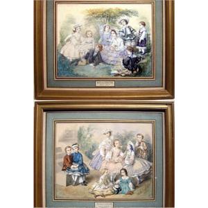 Héloïse- Susanne Leloir-Colin (1820 - 1873) Une paire de portraits de famille d'enfants