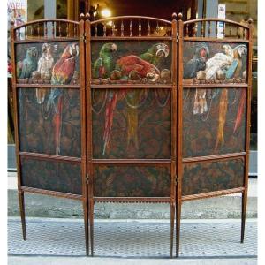 Vienna, 1900: Original Art Nouveau Folding Screen With Carved And Hand-painted Parrot Motif