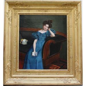 France, Circa 1800-1810, Portrait Of A Woman On A Sofa, A Book In Her Hand