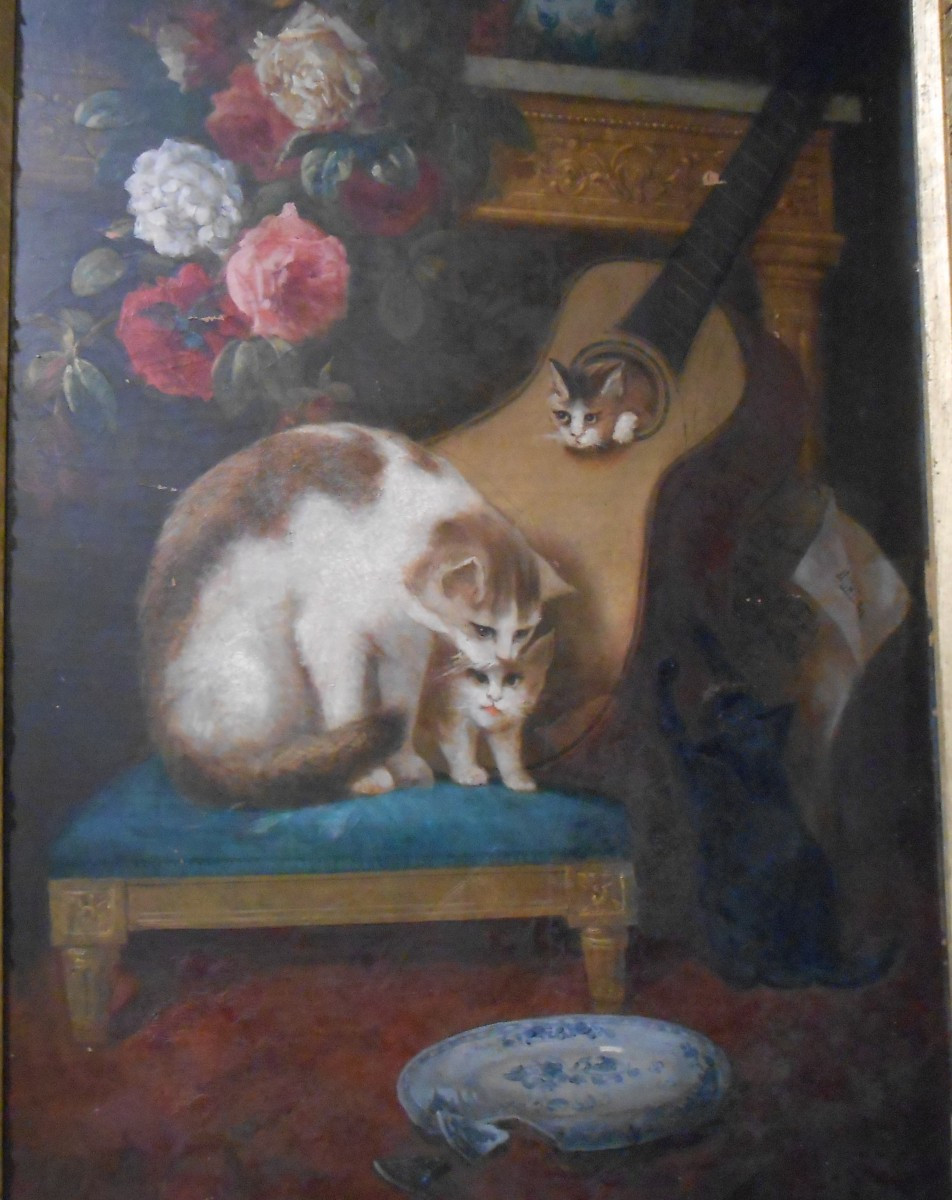 Scéne  champêtre    coq et poule , jeux de  chats   Général Rose -photo-1