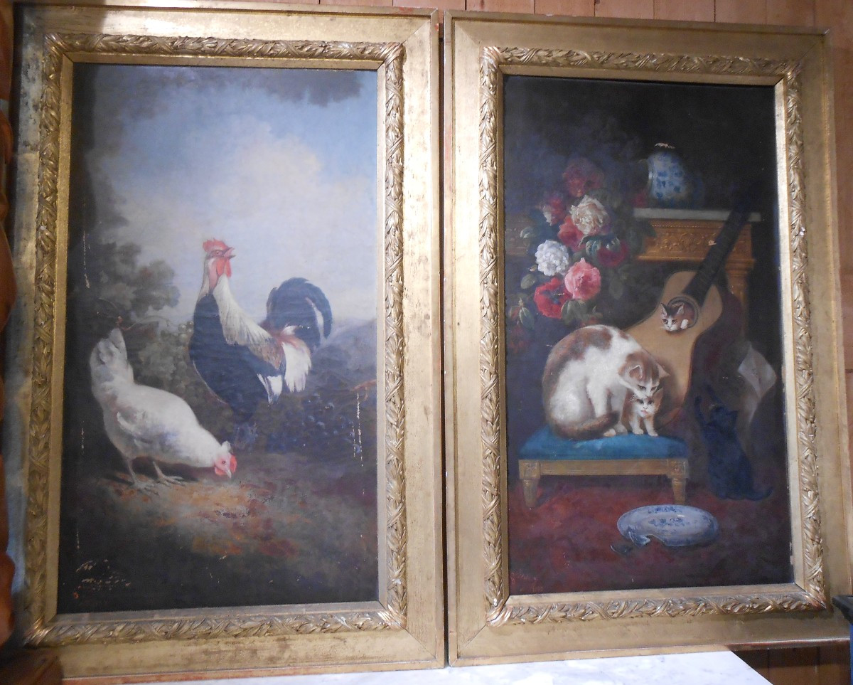 Scéne  champêtre    coq et poule , jeux de  chats   Général Rose 